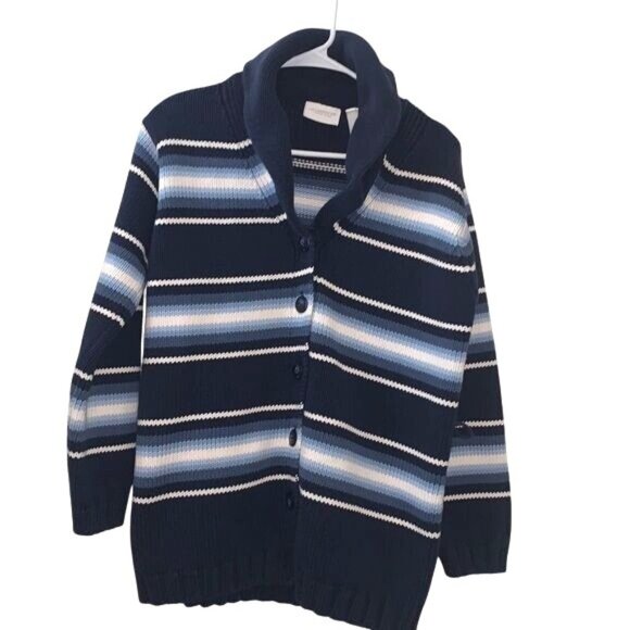 Liz Claiborne Navy Blue Striped Cardigan Sweater With Belt S 100% Cotton Womens - Picture 2 of 6